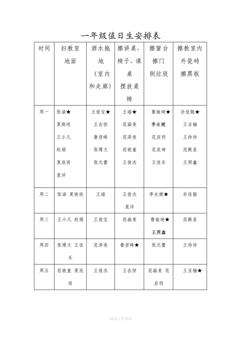 一年级值日生安排表