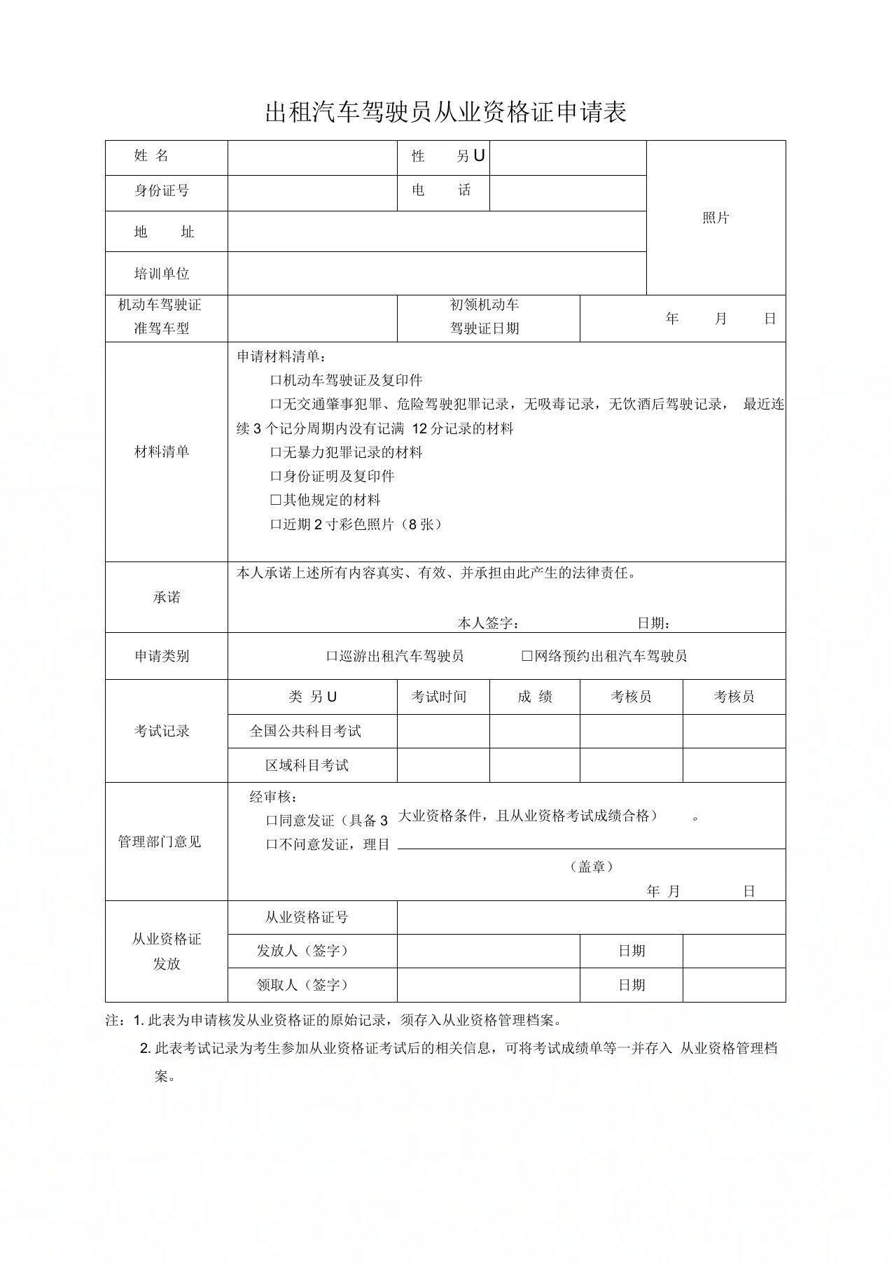 出租汽车驾驶员从业资格证申请表