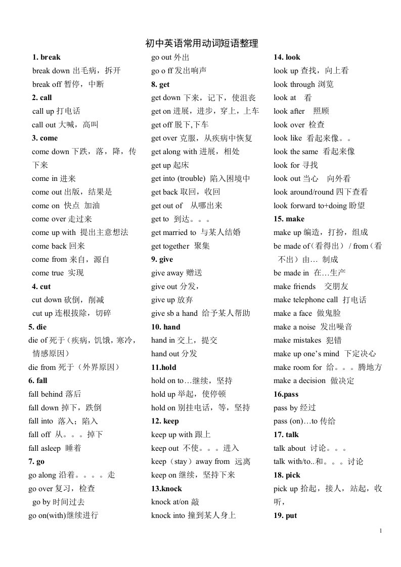 初中英语常用动词短语整理