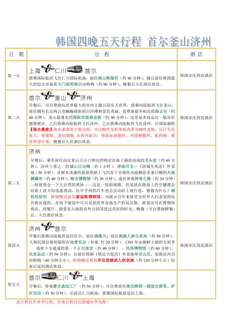 韩国四晚五天行程+首尔釜山济州常规三地