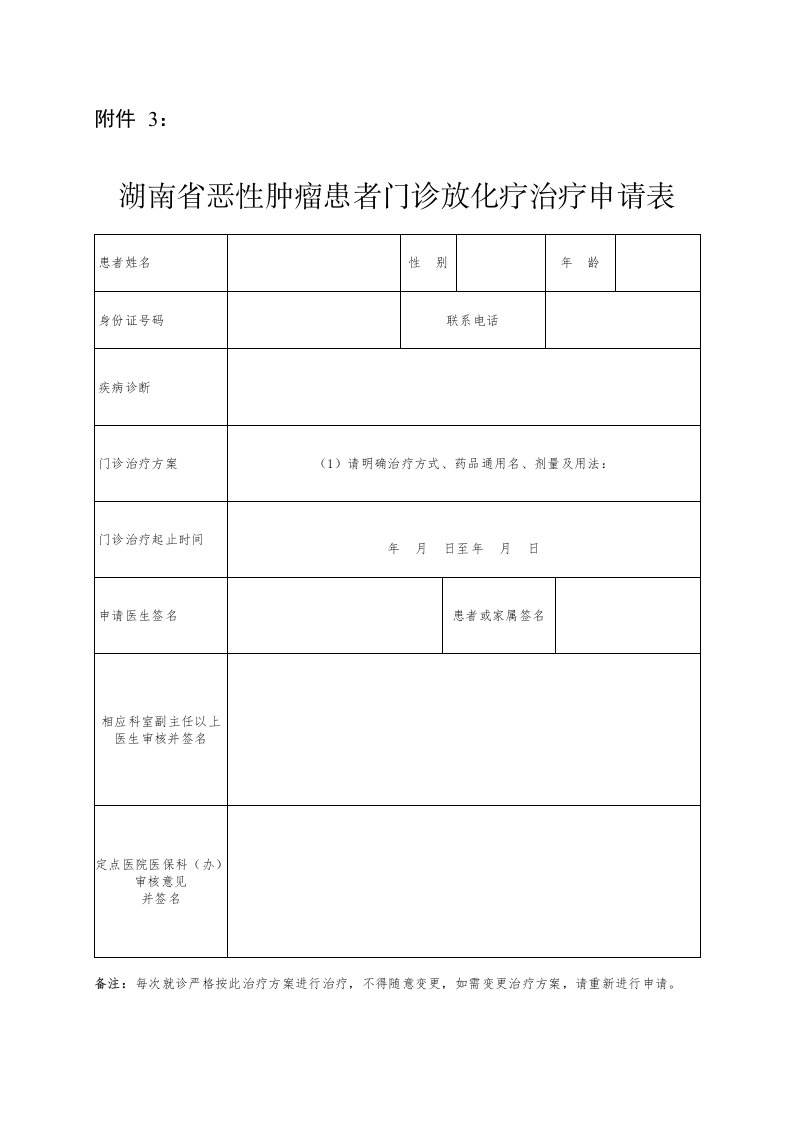 湖南省恶性肿瘤患者门诊放化疗治疗申请表