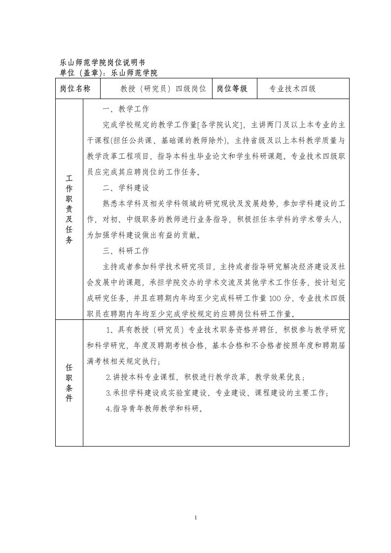 精选乐山师范学院岗位说明书1