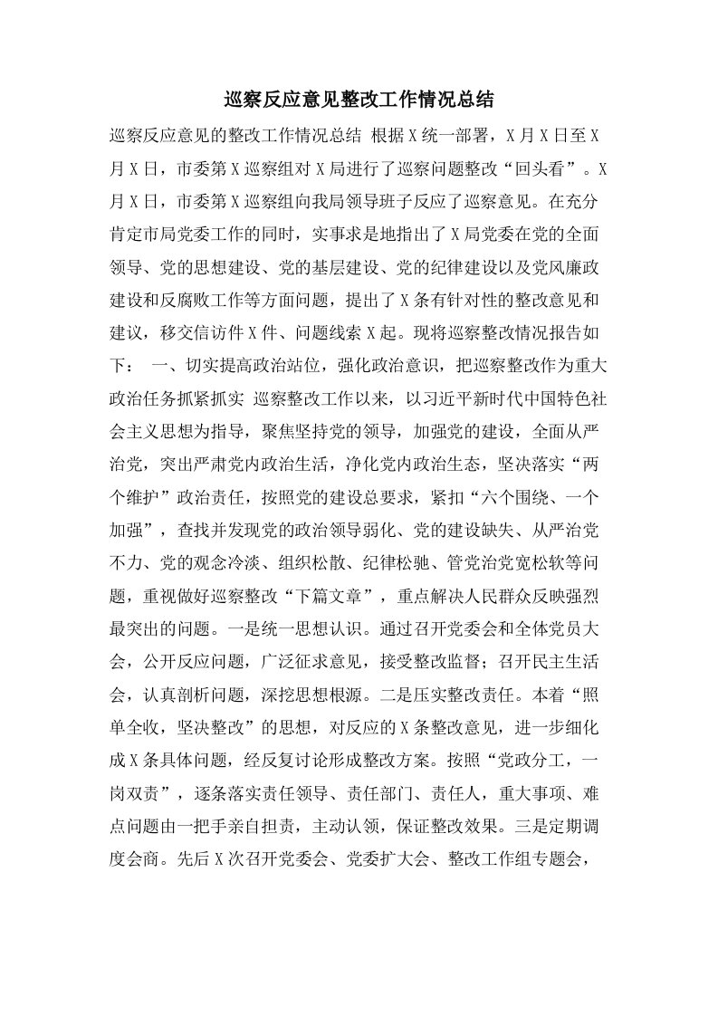 巡察反馈意见整改工作情况总结