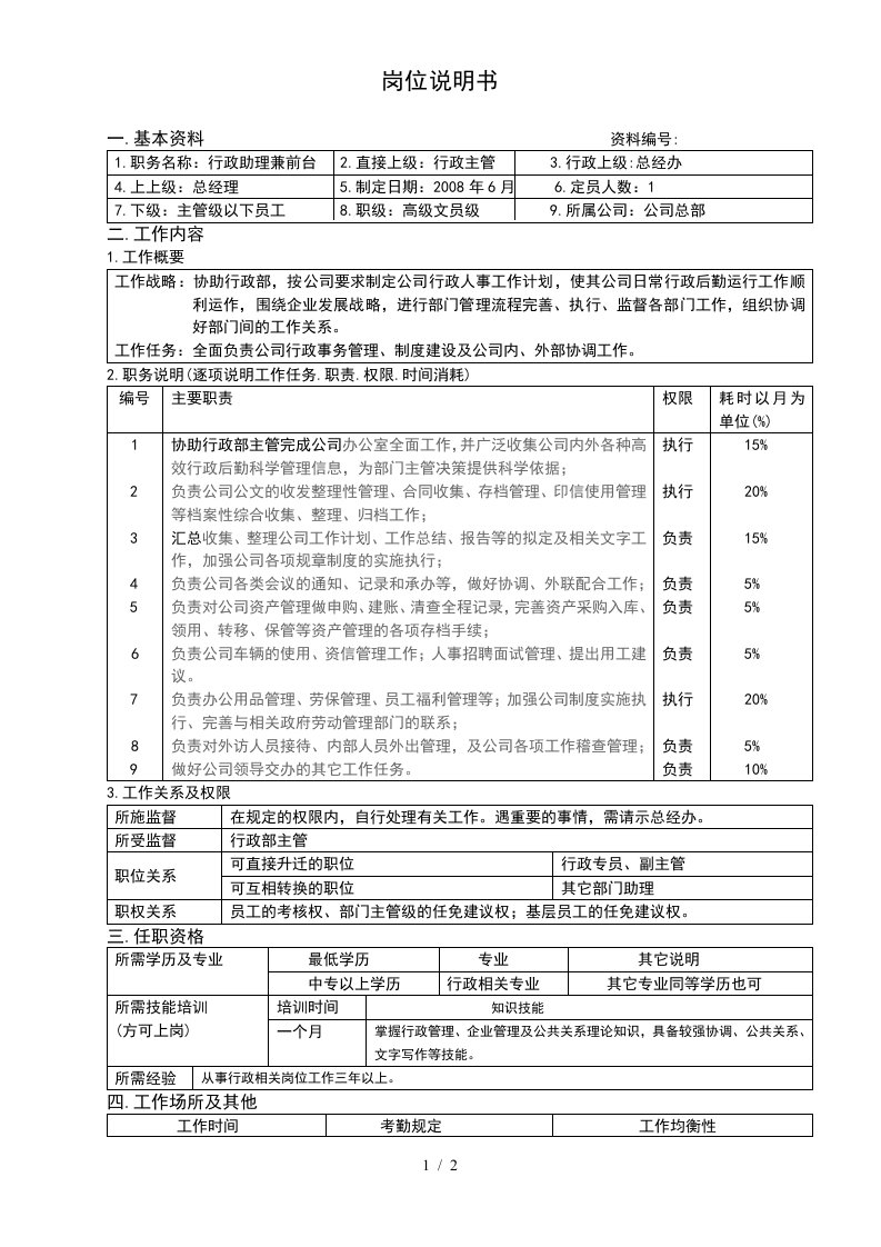 行政部助理岗位说明书