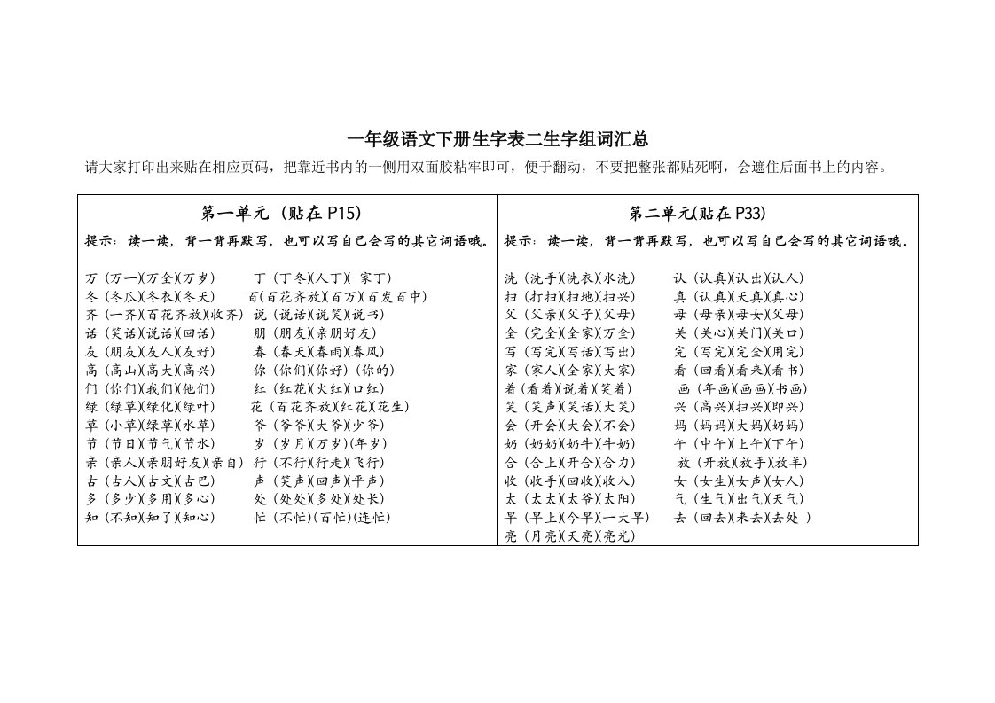 一年级语文下册生字表二生字组词汇总(打印贴书上)