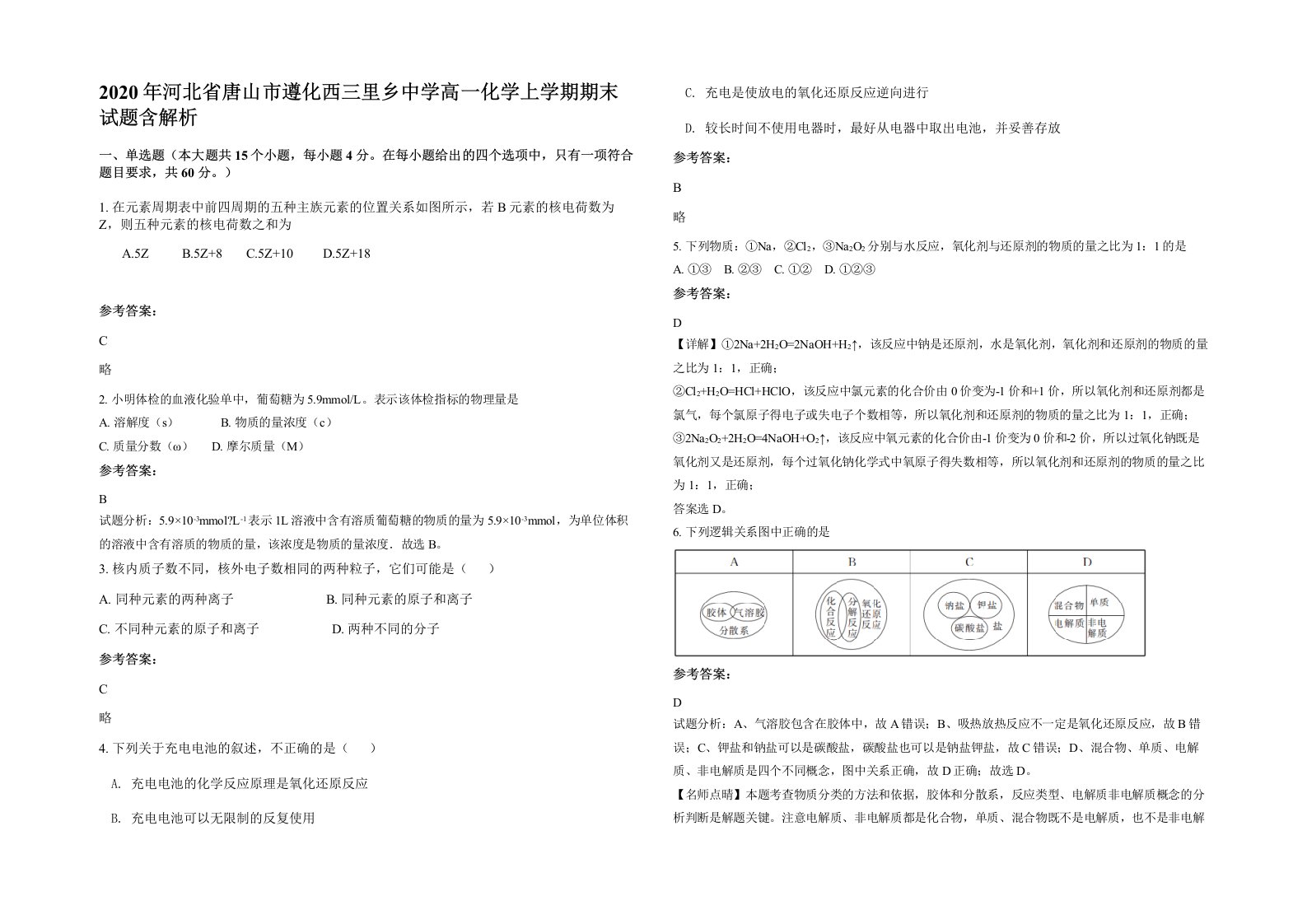 2020年河北省唐山市遵化西三里乡中学高一化学上学期期末试题含解析