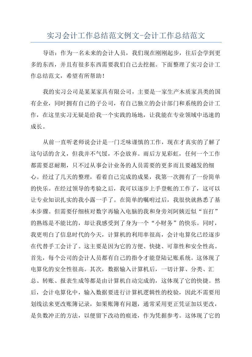 实习会计工作总结范文例文-会计工作总结范文