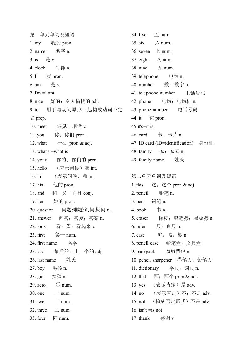 初一英语上册单词表人教版(新课标)