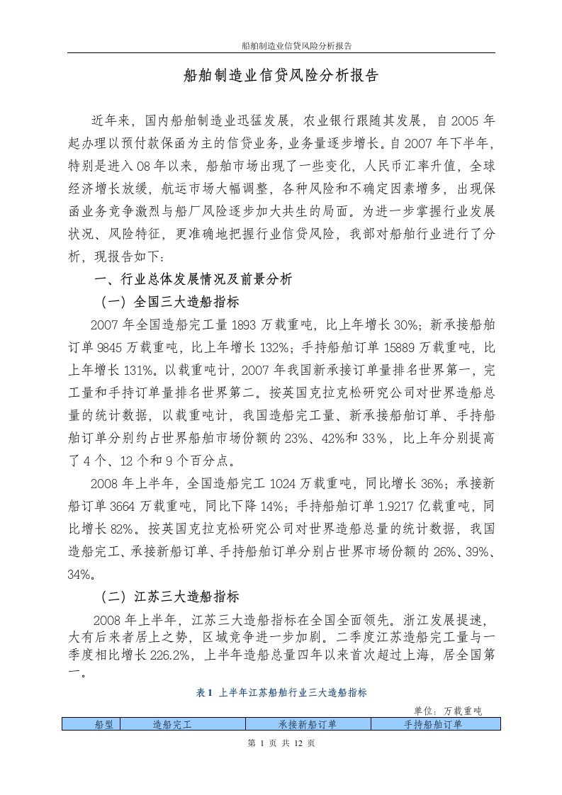 船舶制造业风险分析报告