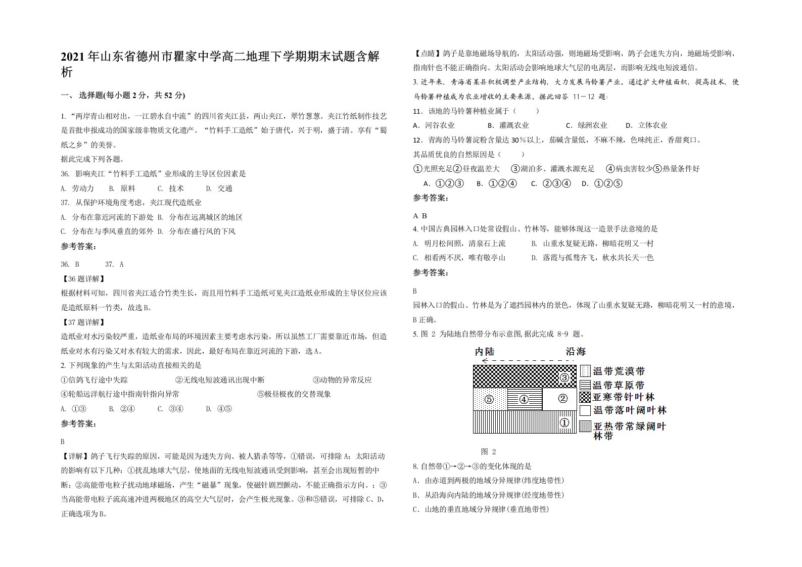 2021年山东省德州市瞿家中学高二地理下学期期末试题含解析