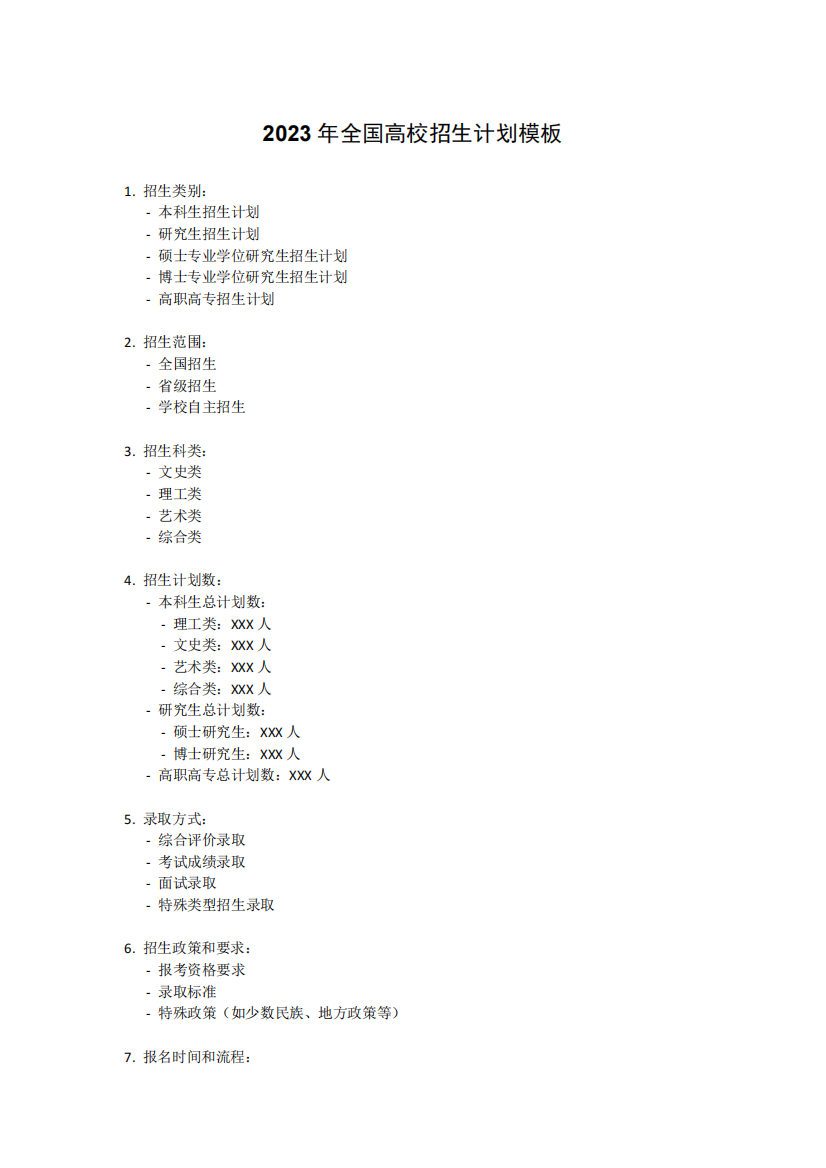 2023年全国高校招生计划模板