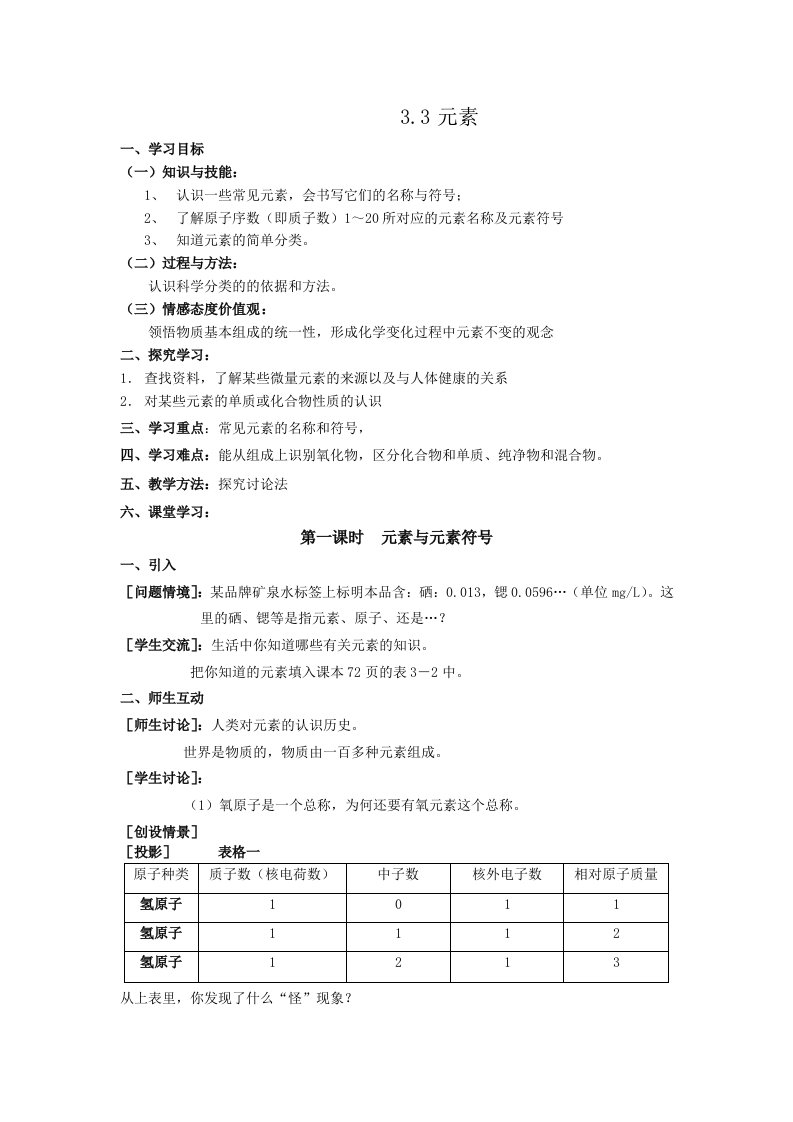 化学组成物质的化学元素教案(沪教版)