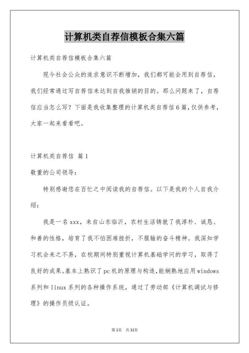 计算机类自荐信模板合集六篇