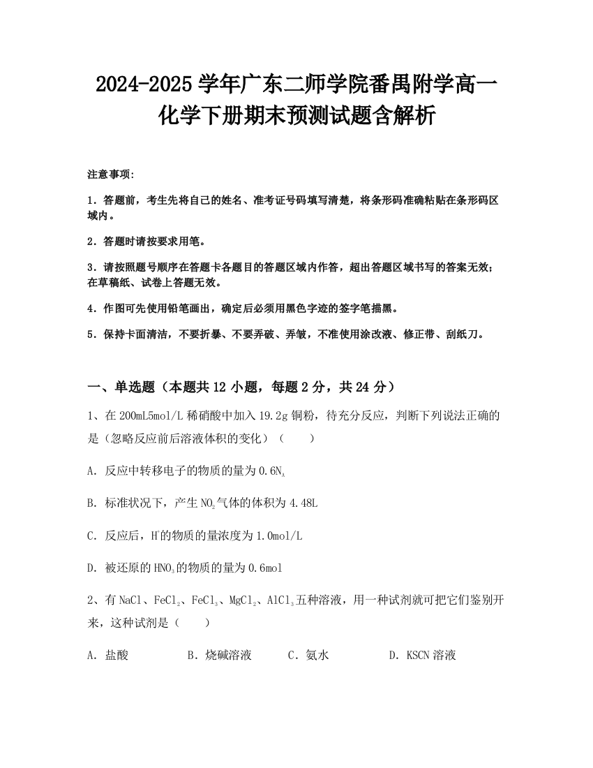 2024-2025学年广东二师学院番禺附学高一化学下册期末预测试题含解析