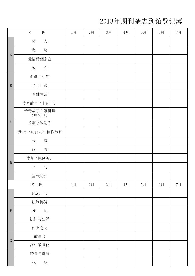 图书馆期刊杂志到馆登记表