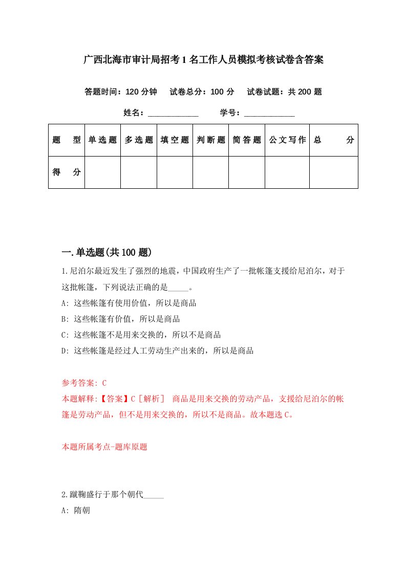 广西北海市审计局招考1名工作人员模拟考核试卷含答案8