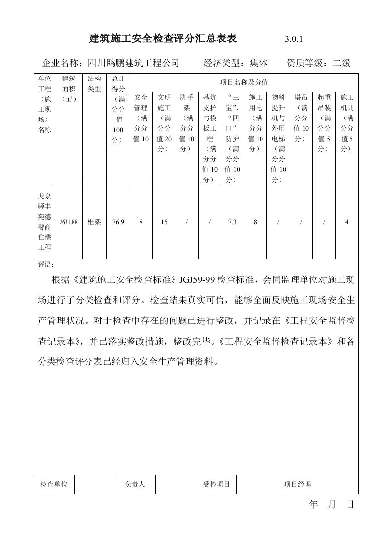 建筑施工安全检查评分汇总表表驿丰