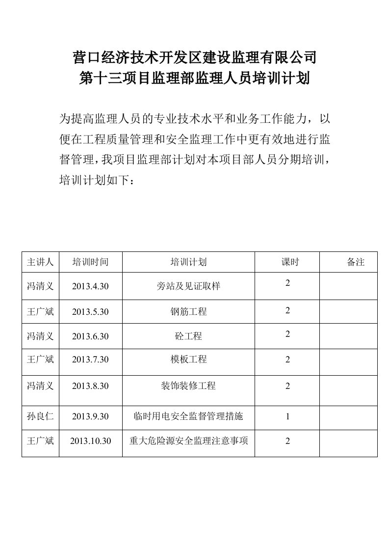 监理部监理人员培训计划