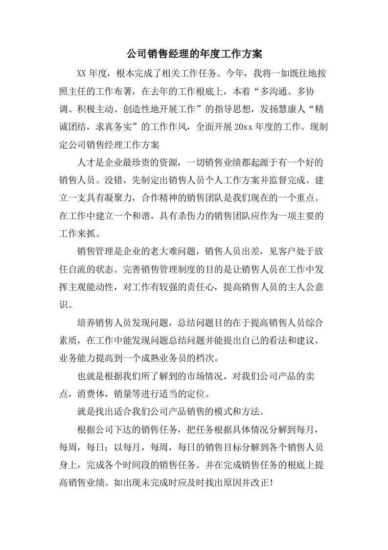 公司销售经理的年度工作计划