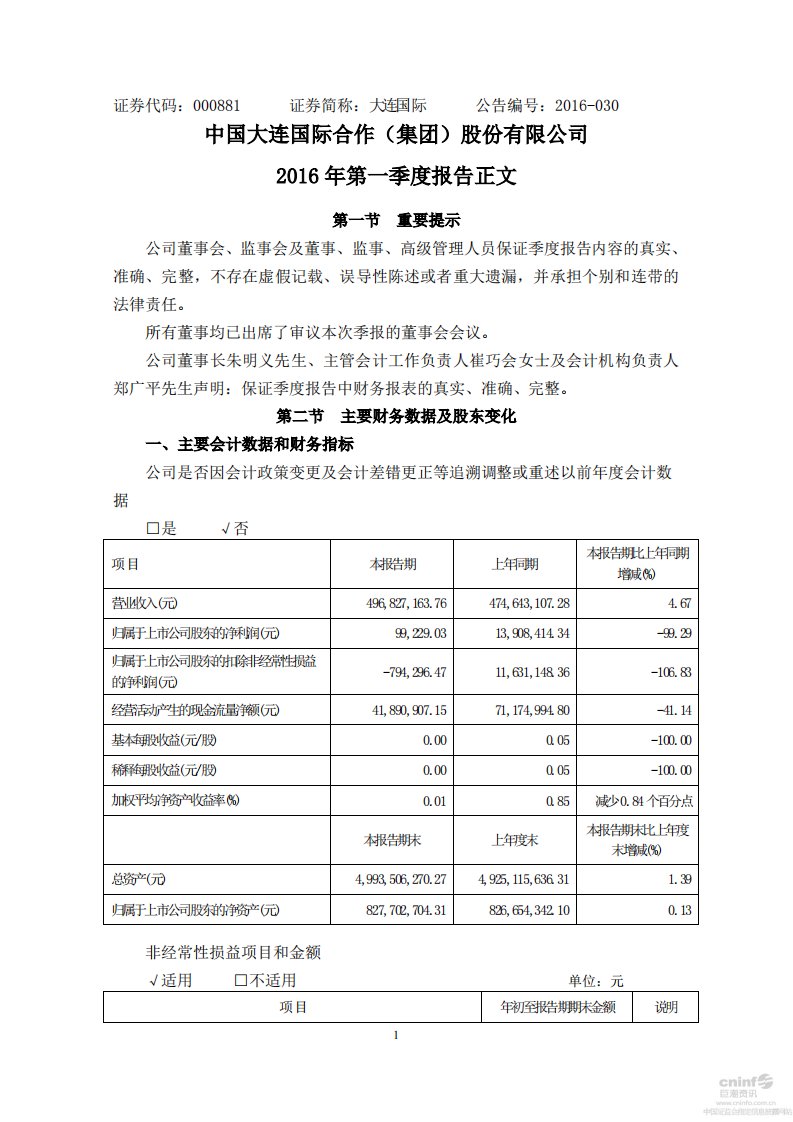 深交所-大连国际：2016年第一季度报告正文-20160429