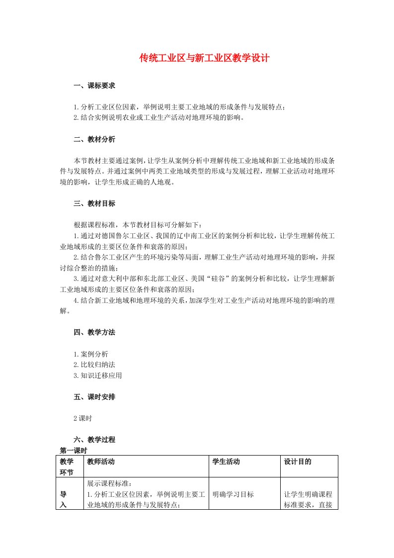 高中地理传统工业区和新兴工业区教案6新人教版必修