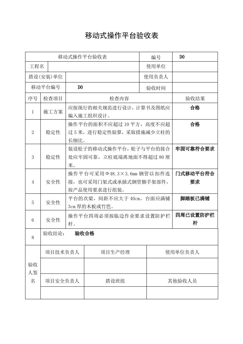 建筑公司安全管理-6.移动式操作平台验收表