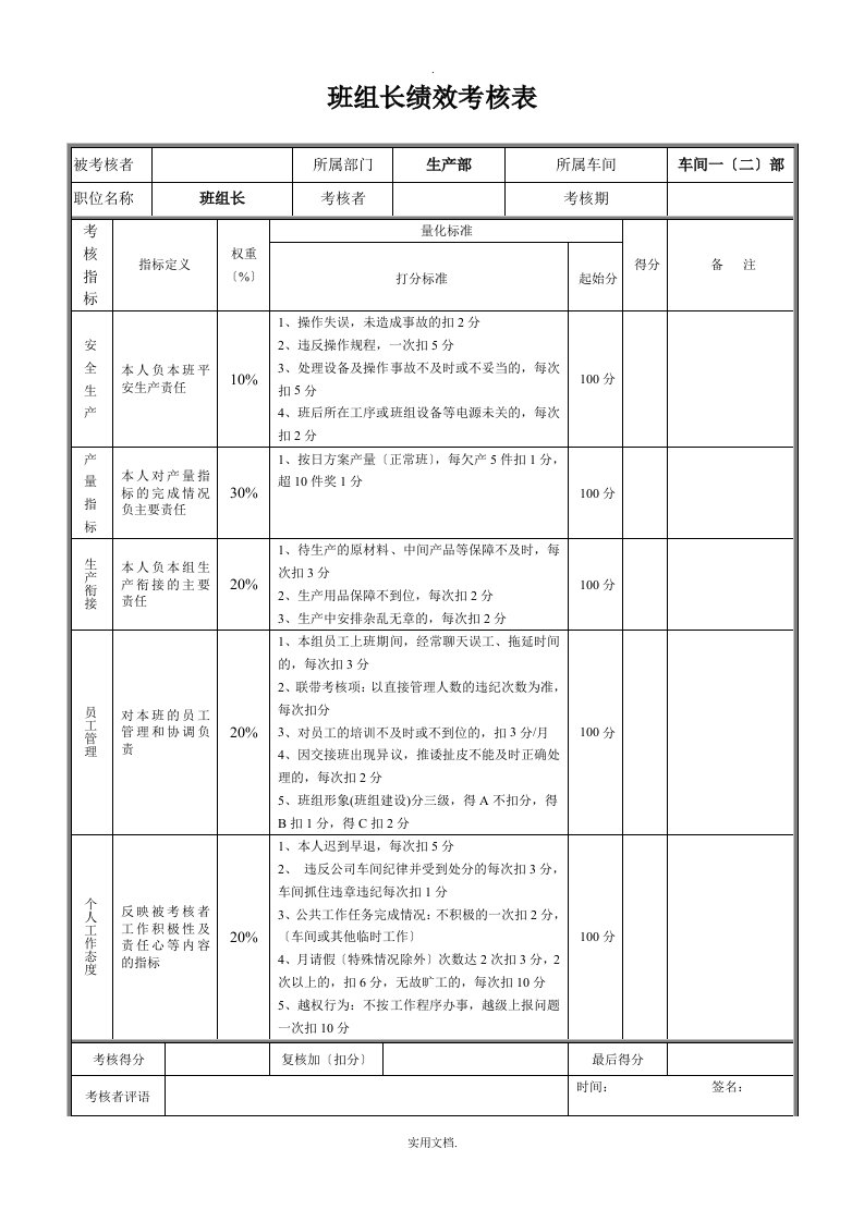 车间班组长绩效考核表