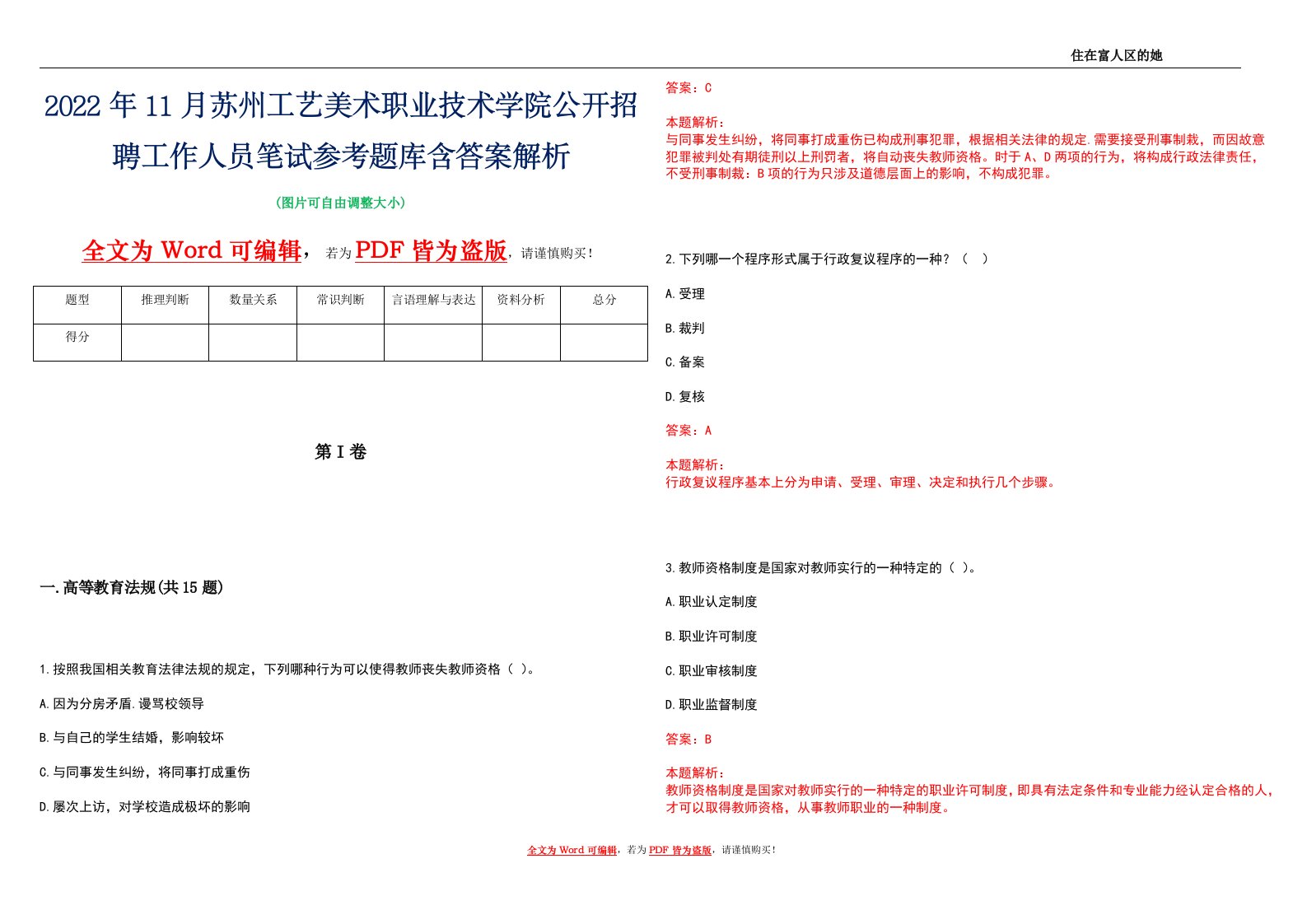 2022年11月苏州工艺美术职业技术学院公开招聘工作人员笔试参考题库含答案解析