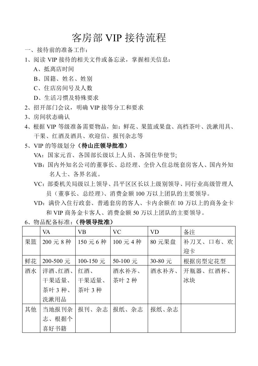 客房部VIP接待操作流程