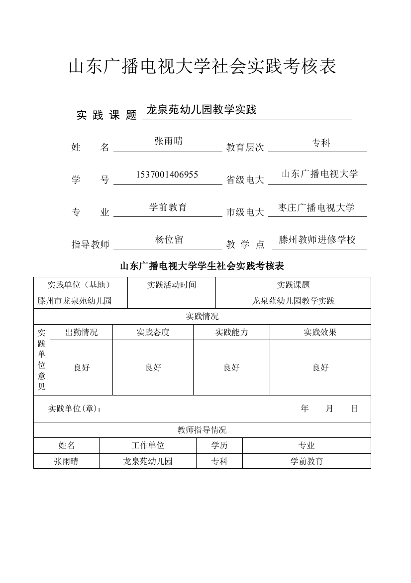 社会实践考核表95490