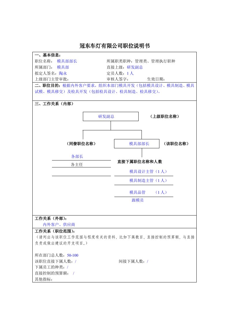 冠东车灯部长职位说明书