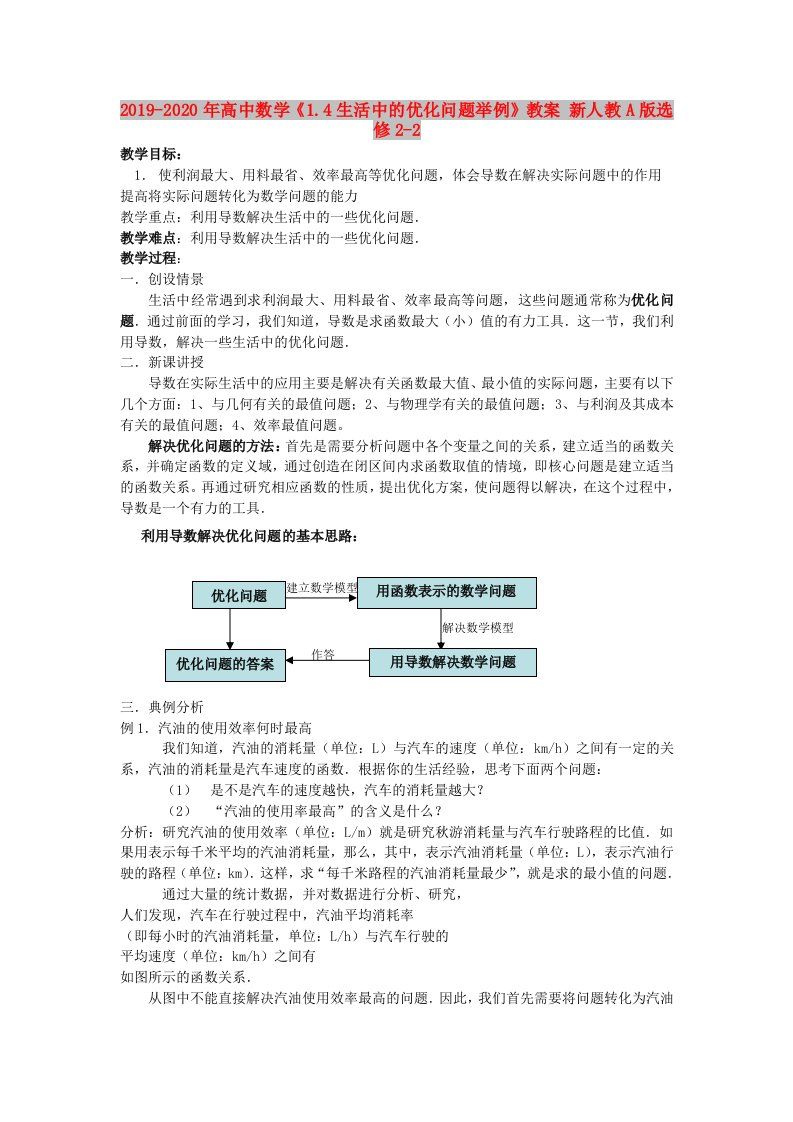 2019-2020年高中数学《1.4生活中的优化问题举例》教案