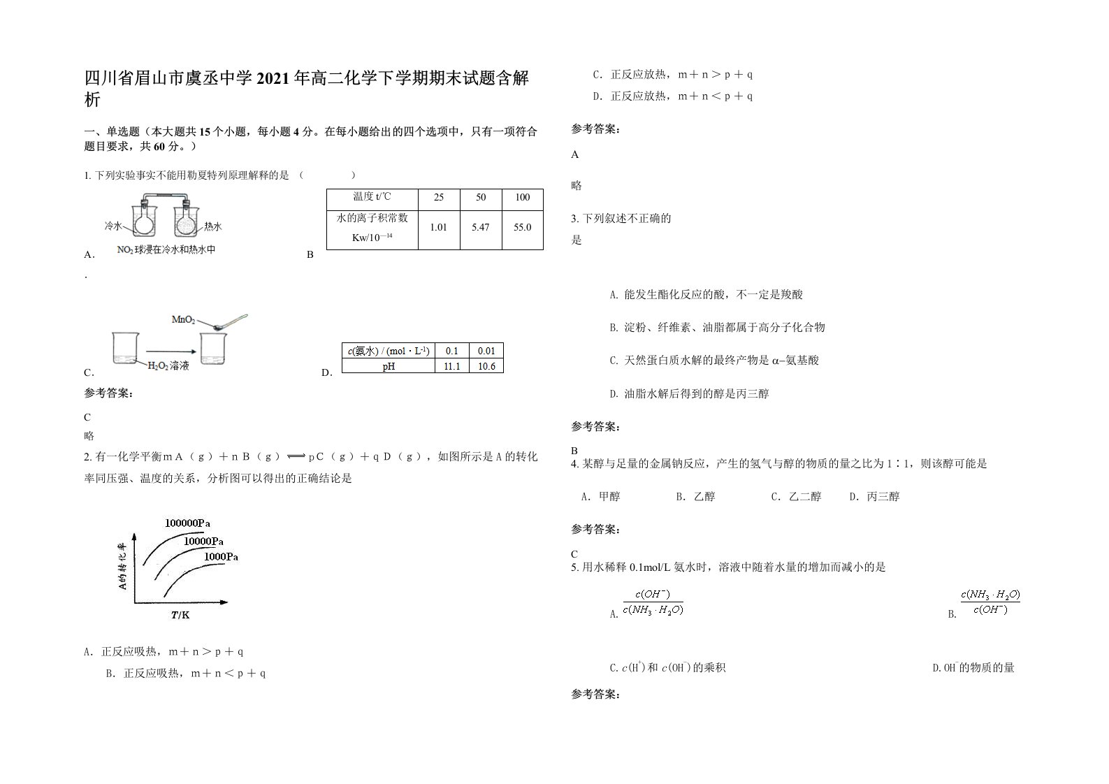 四川省眉山市虞丞中学2021年高二化学下学期期末试题含解析