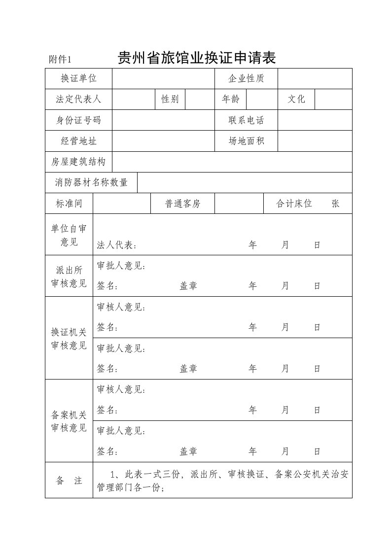 贵州省旅馆业特种行业许可证审批表-(空白)