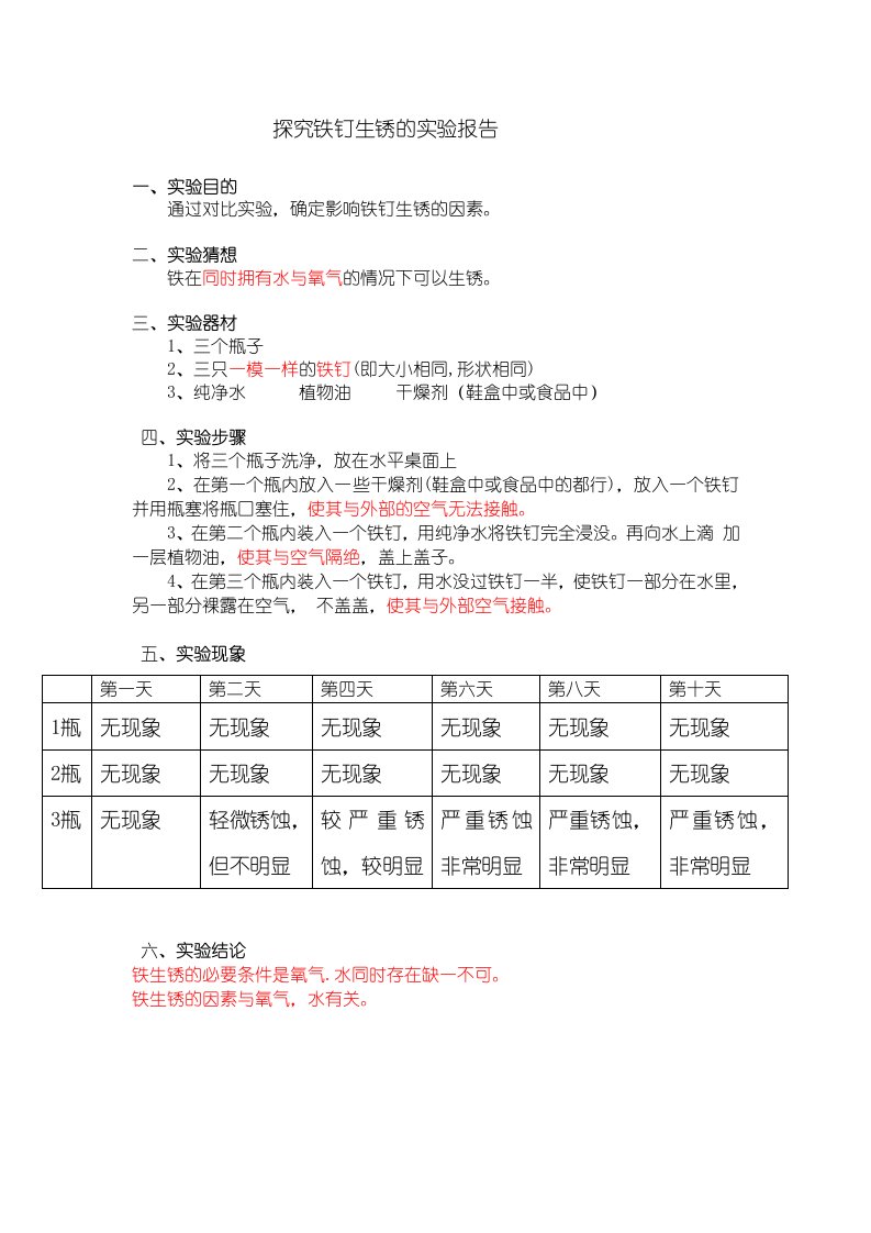 探究铁钉生锈的原因的实验报告