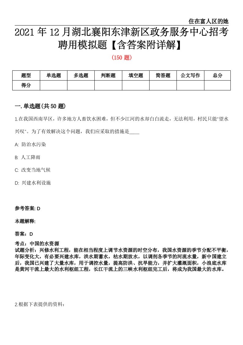 2021年12月湖北襄阳东津新区政务服务中心招考聘用模拟题【含答案附详解】第67期