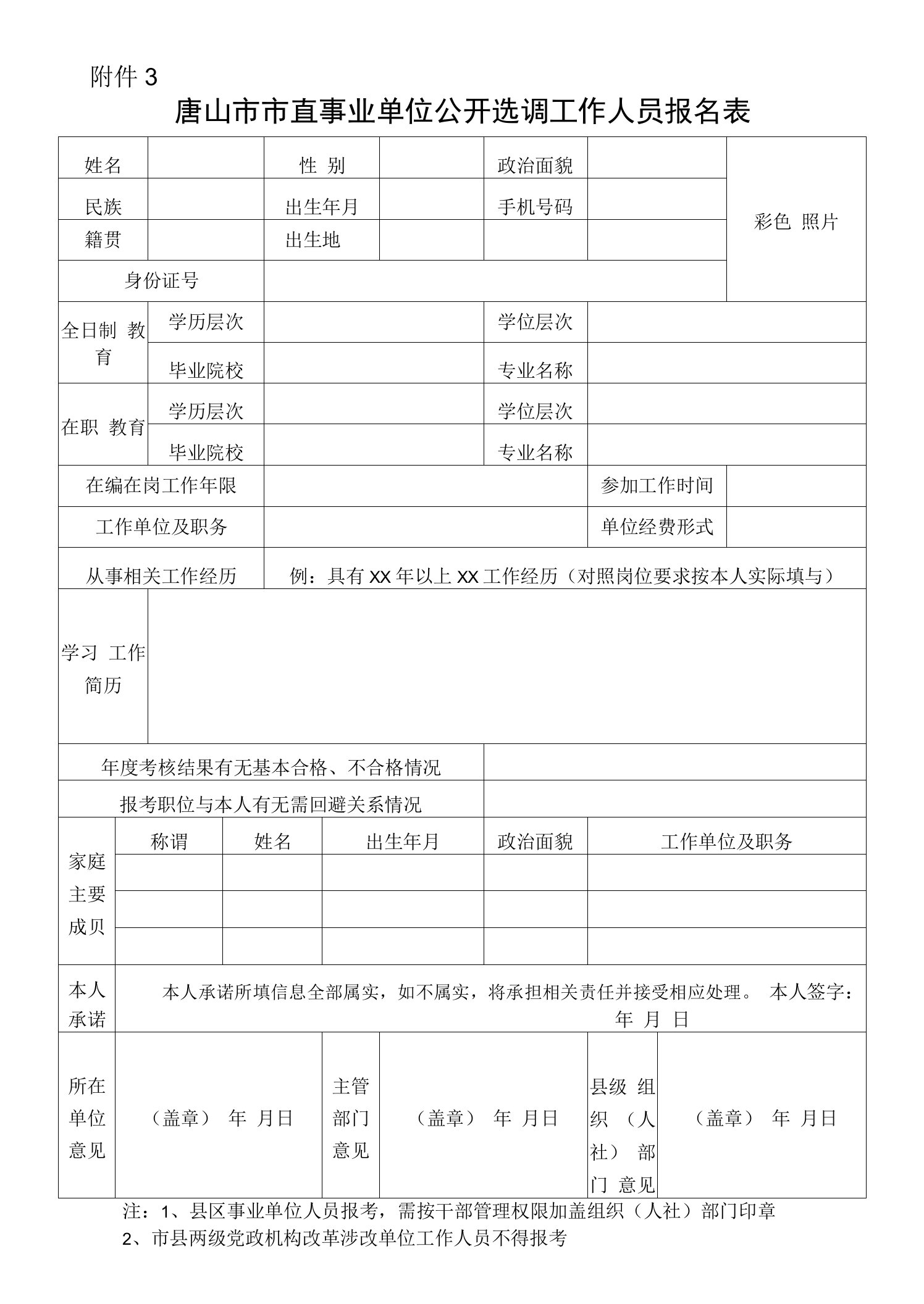 唐山市市直事业单位公开选调工作人员报名表