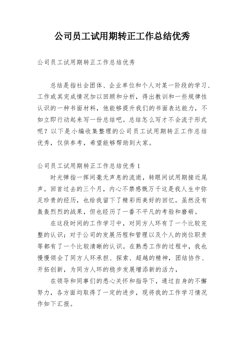 公司员工试用期转正工作总结优秀