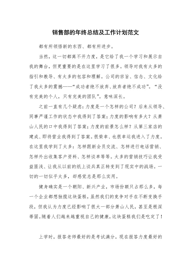 销售部的年终总结及工作计划范文