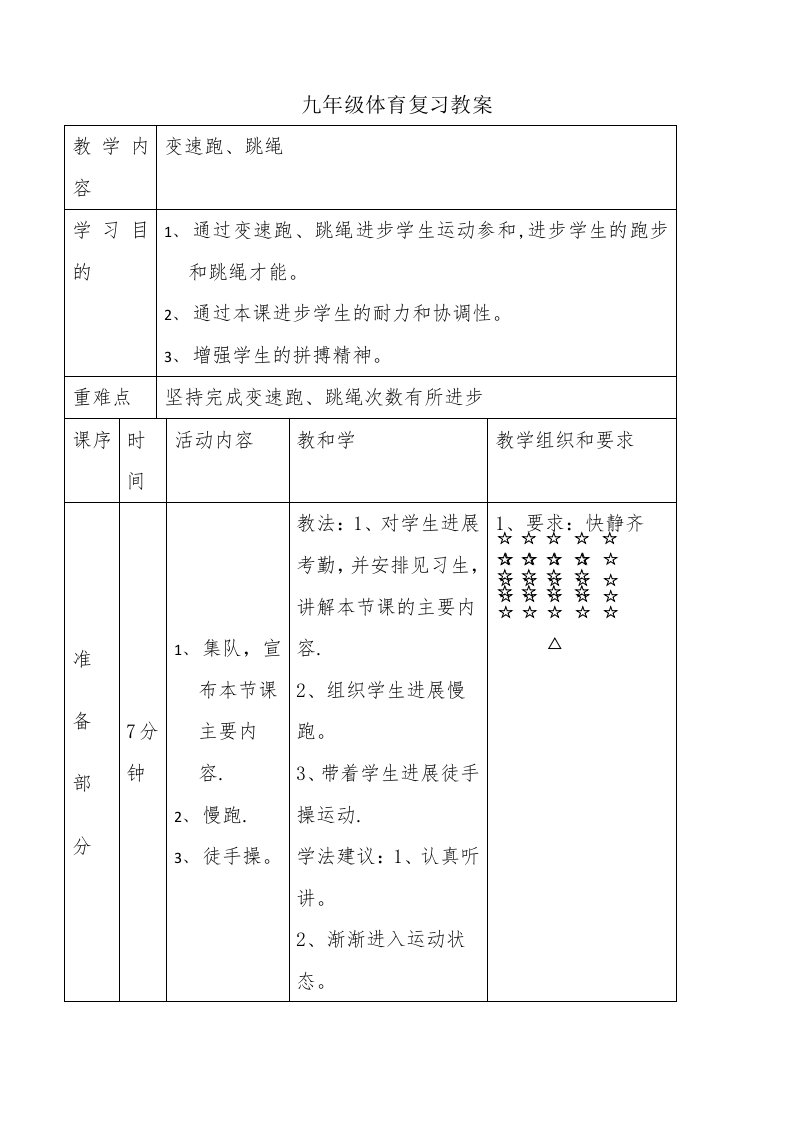 九年级体育复习教案