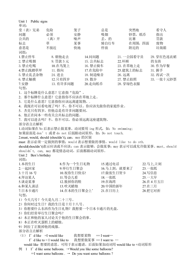 六年级英语上册Unit1-5单位单词短语