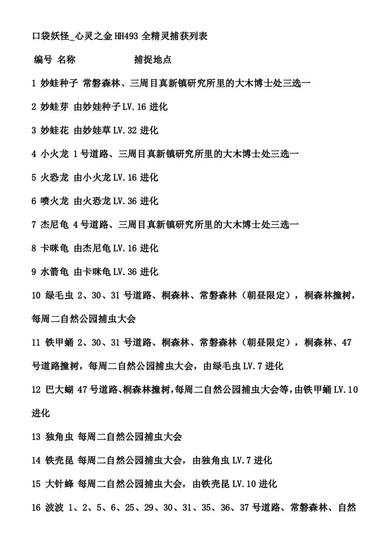 口袋妖怪心灵之金HH493全精灵捕获列表