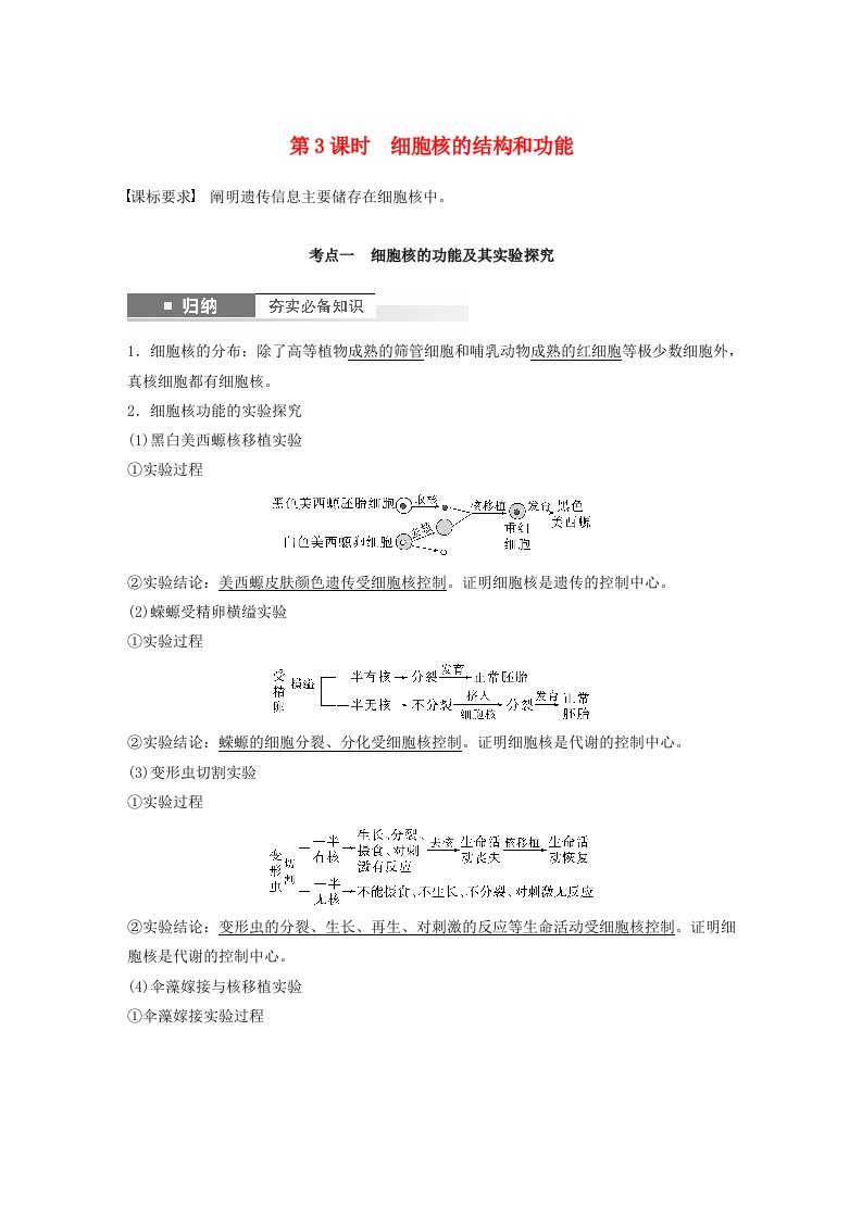 鲁湘辽新教材2024届高考生物一轮复习教案第二单元细胞的基本结构和物质的运输第3课时细胞核的结构和功能