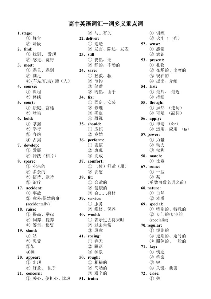 高中英语词汇一词多义重点词