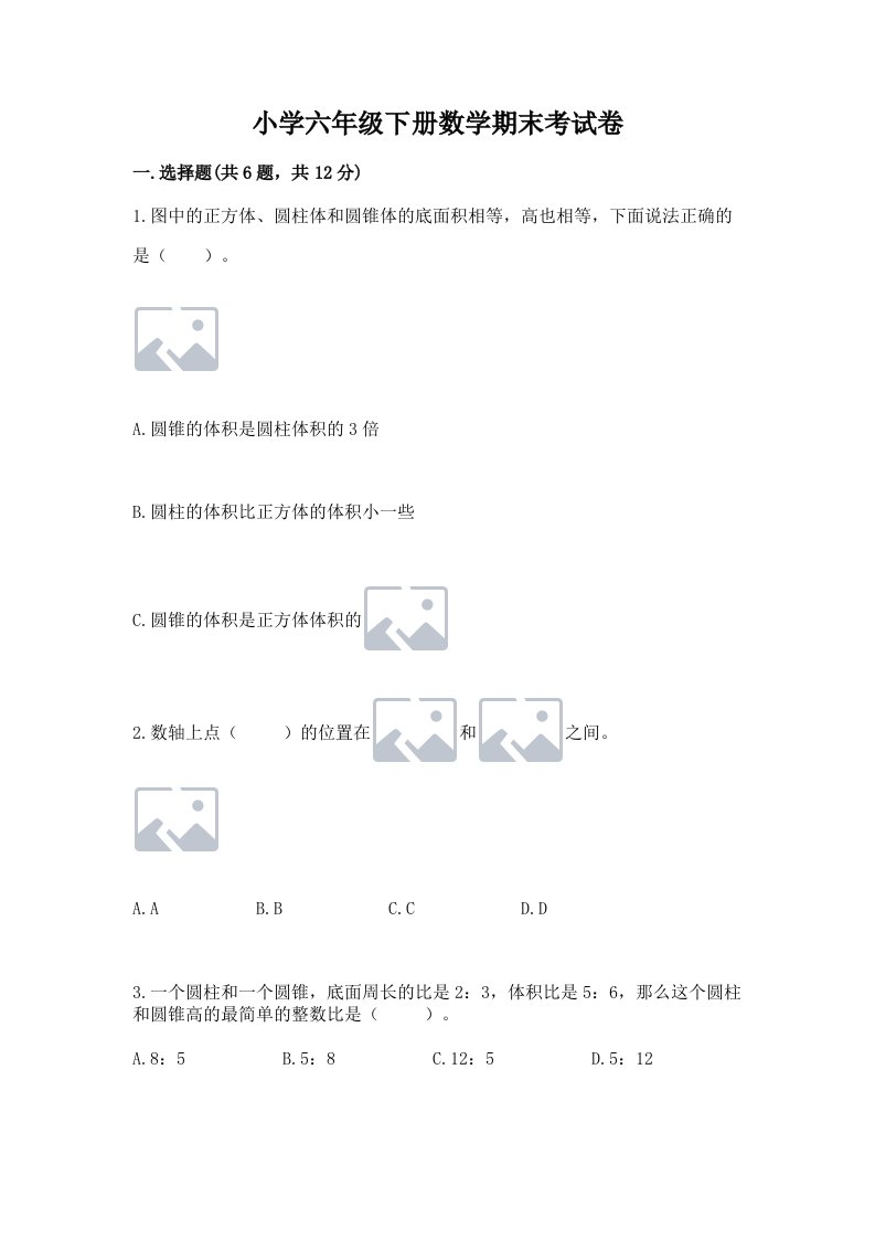 小学六年级下册数学期末考试卷精品【有一套】