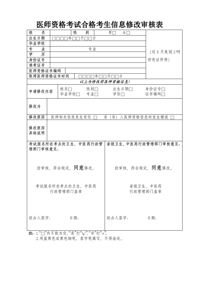 医师资格考试合格考生信息修改审核表