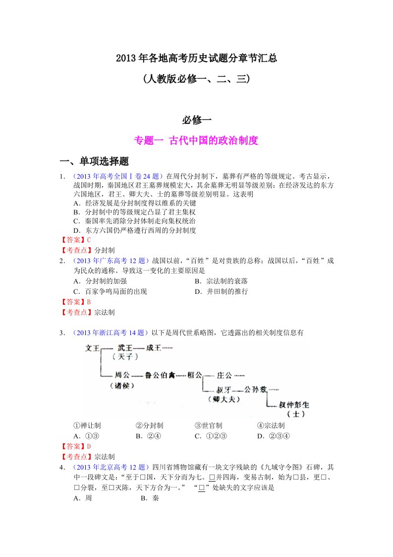 2013年各地高考历史试题分章节汇总人教版必修