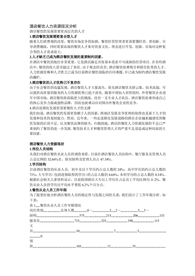 酒店餐饮人力资本现况剖析