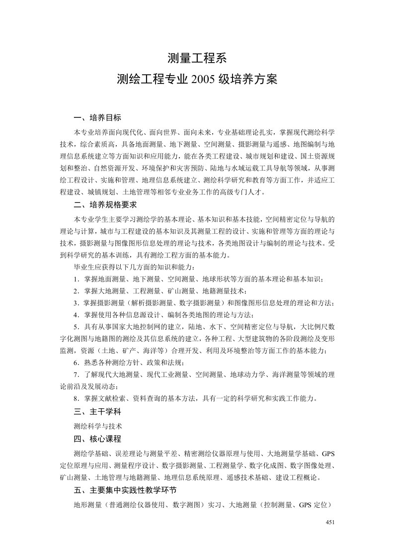 精选测绘工程专业05级人才培养计划