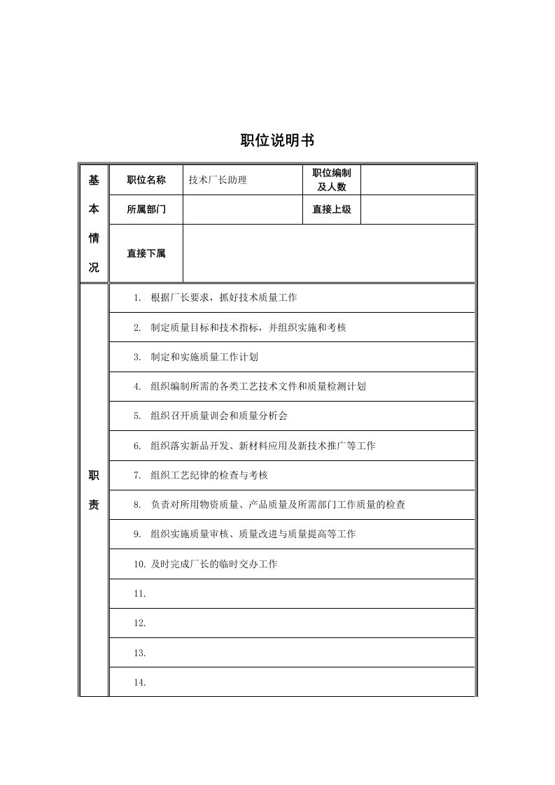 技术厂长助理岗位说明书